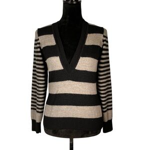 Talbots Black Gray Stripe Wool Sweater Woolmark Merino Deep V-Neck Made in Italy